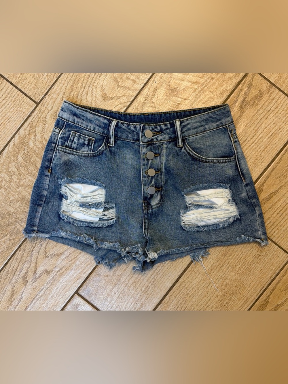 Women’s Small Button Up Raw Hem Asymmetrical Distressed Denim Shorts